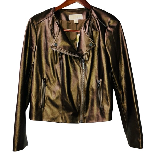 NWT Michael Kors Faux Vegan Leather Metallic Bronze Brown Moto Jacket L - Picture 1 of 8